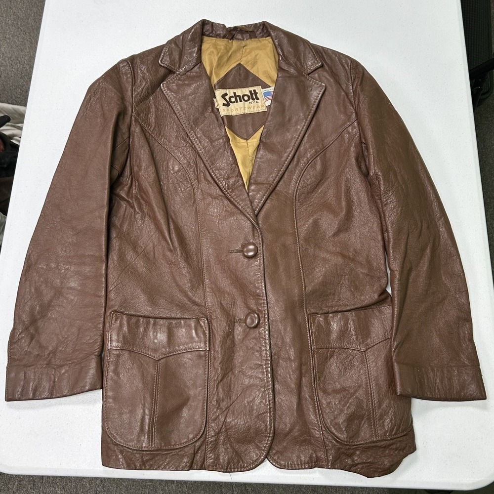 Schott Leather Blazer Jacket womans 12 Brown Vintage Made in USA 2 Button Coat